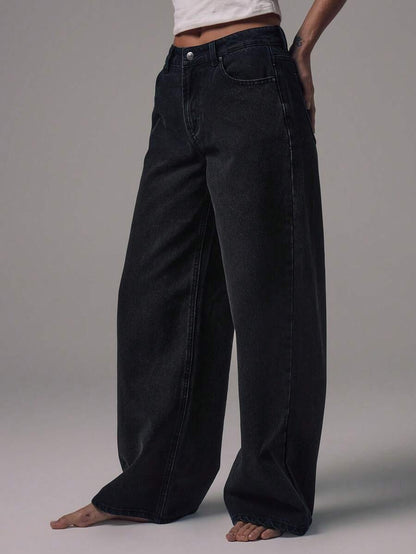 Jeans de Pierna Ancha y Tiro Medio con Botones Plateados
