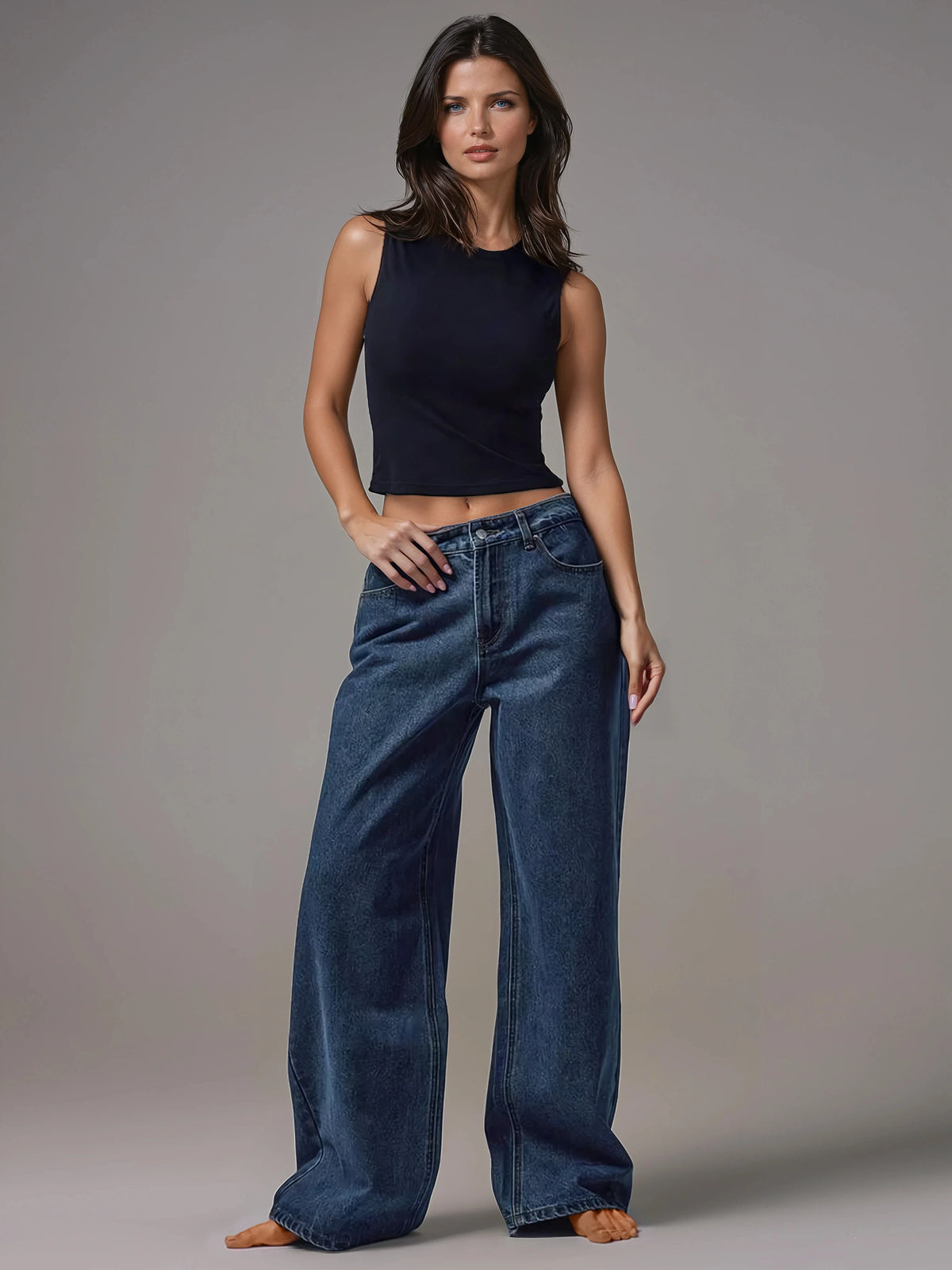 Jeans de Pierna Ancha y Tiro Medio con Botones Plateados
