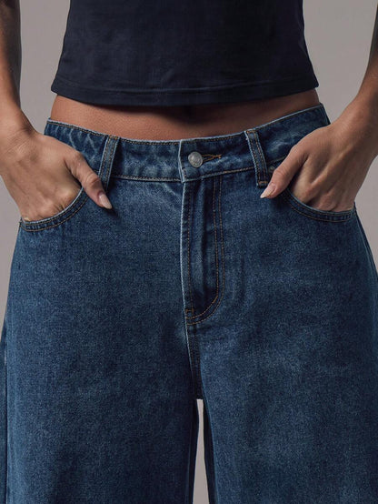 Jeans de Pierna Ancha y Tiro Medio con Botones Plateados