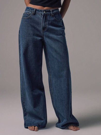 Jeans de Pierna Ancha y Tiro Medio con Botones Plateados