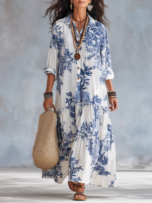 Dahlia | Vestido Maxi Boho con Botones Florales Azules