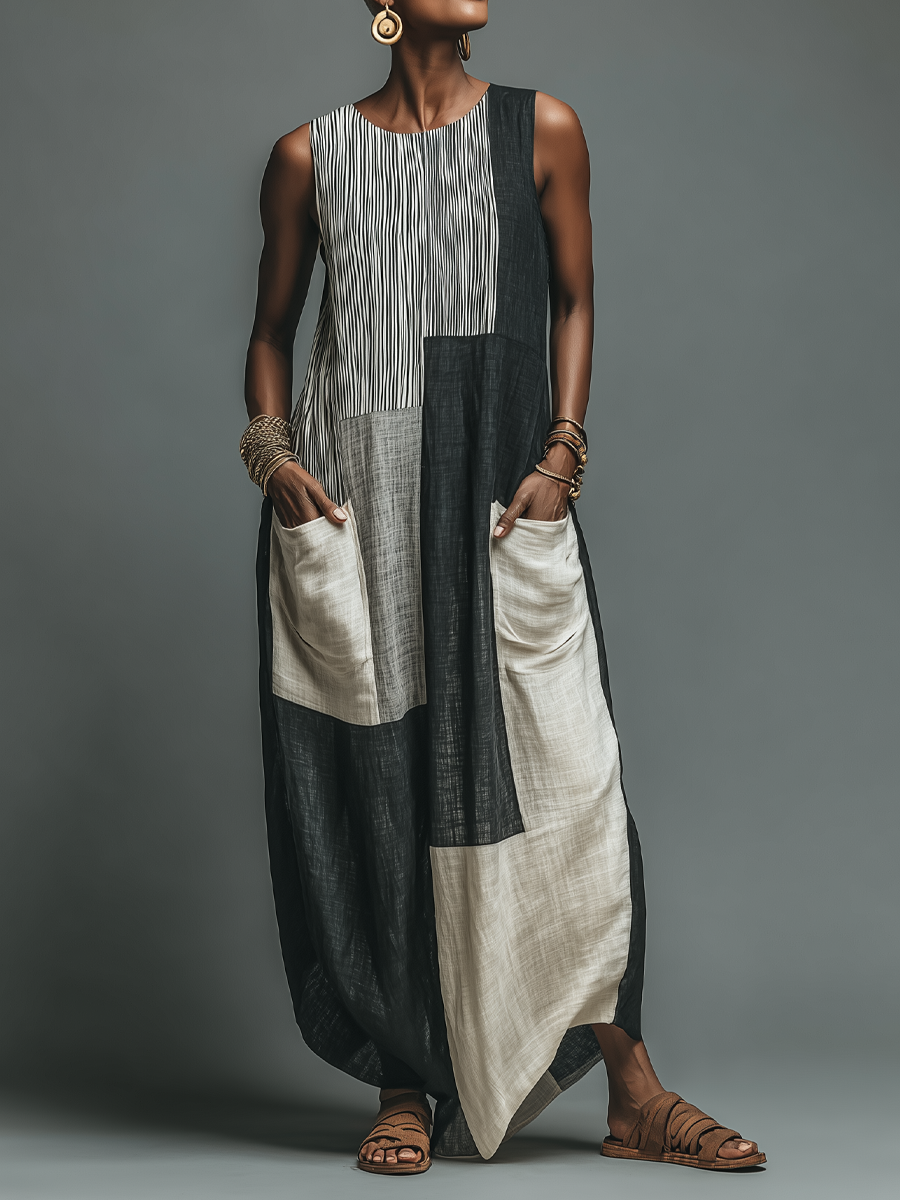 Jacinta | Vestido Maxi sin Mangas de Lino Patchwork con Bolsillos