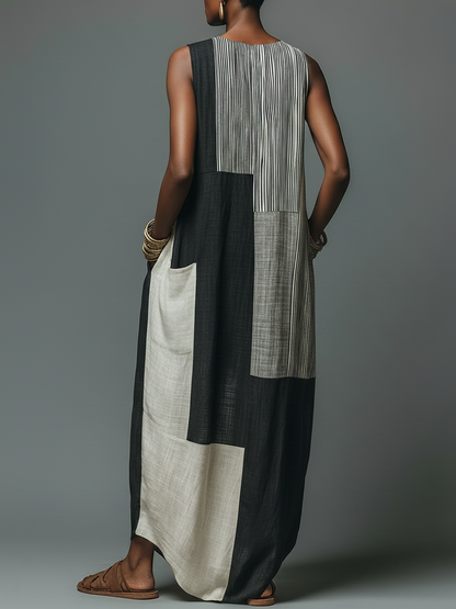Jacinta | Vestido Maxi sin Mangas de Lino Patchwork con Bolsillos