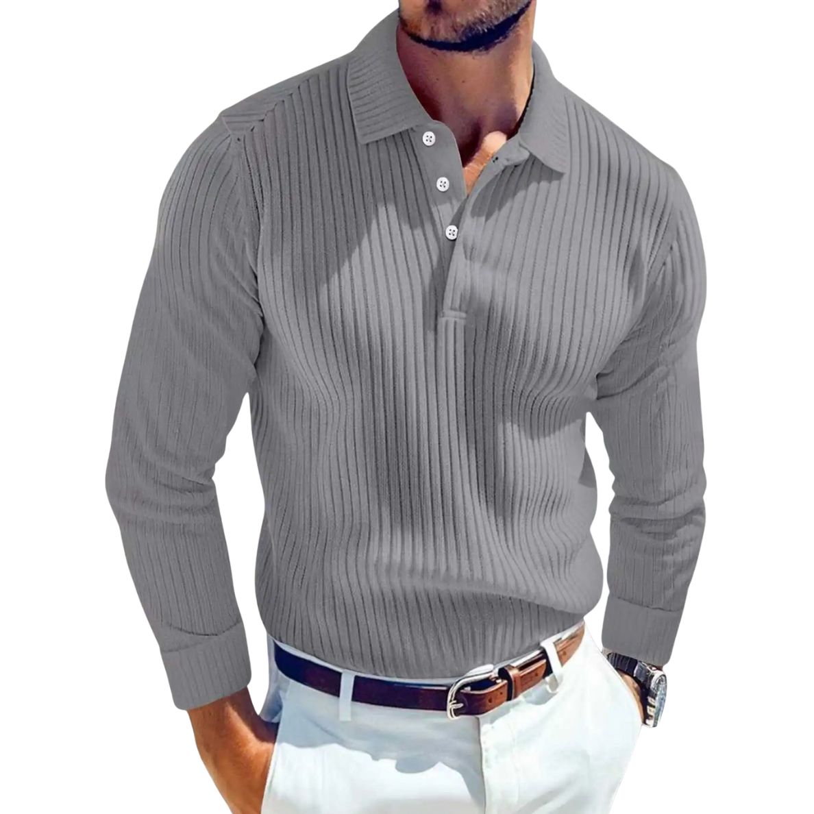 Long-Sleeve Ribbed Polo Shirt