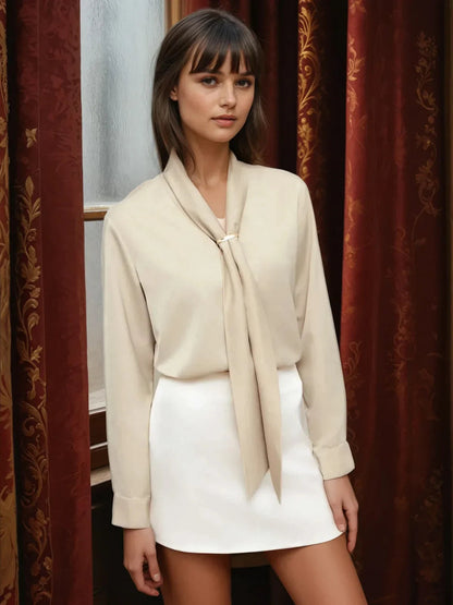 Long Sleeve Blouse with Bow and Hook-and-Eye Closure