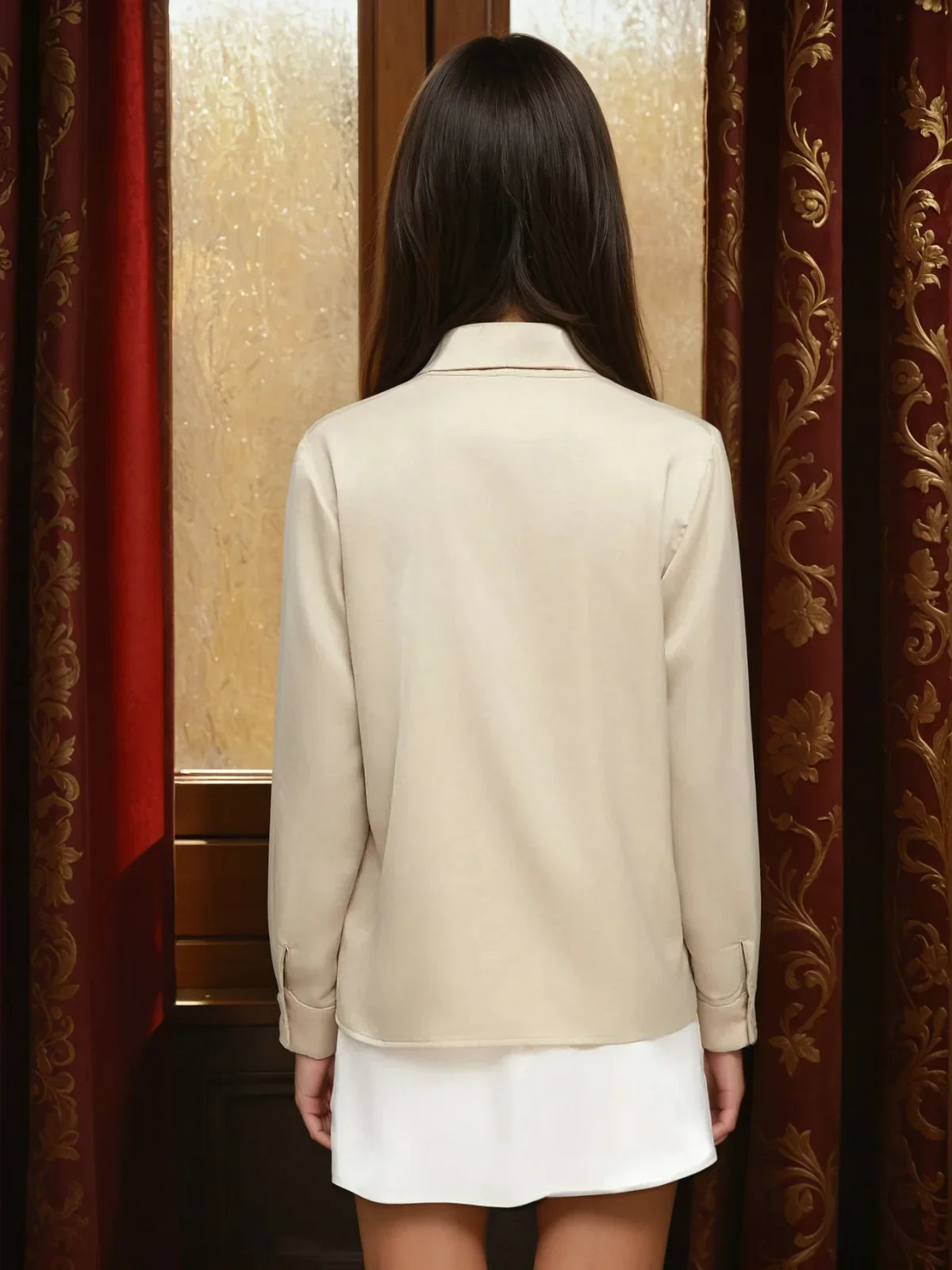 Long Sleeve Blouse with Bow and Hook-and-Eye Closure