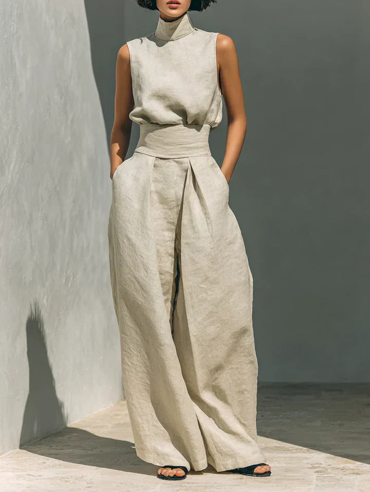 FLOR | CONJUNTO MINIMALISTA DE TOP SIN MANGAS Y PANTALÓN DE PIERNA ANCHA EN ALGODÓN Y LINO