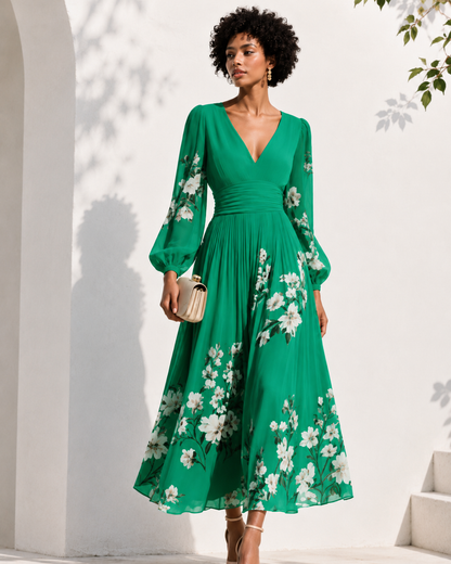 Vestido Maxi de Gasa Verde Menta con Escote en V