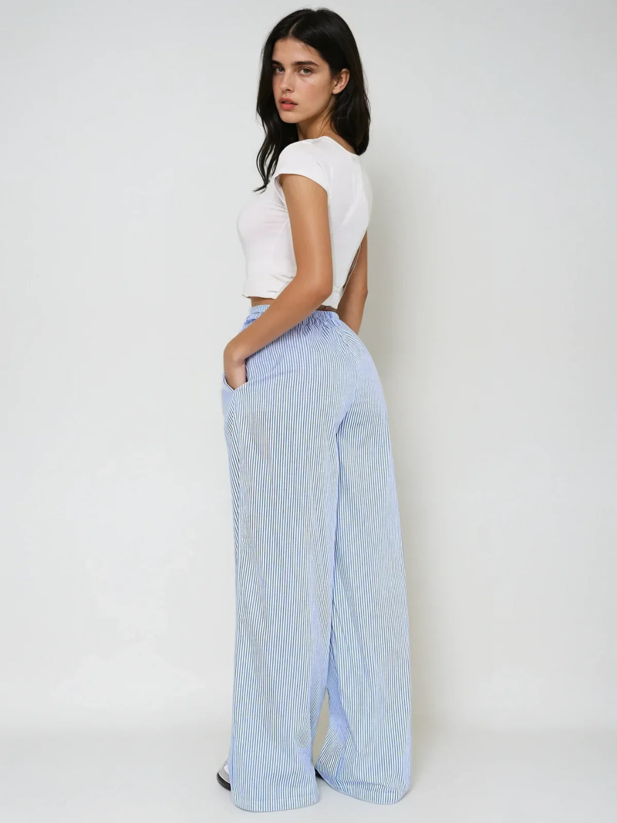 Wide-Leg Striped Pants with Elastic Waist