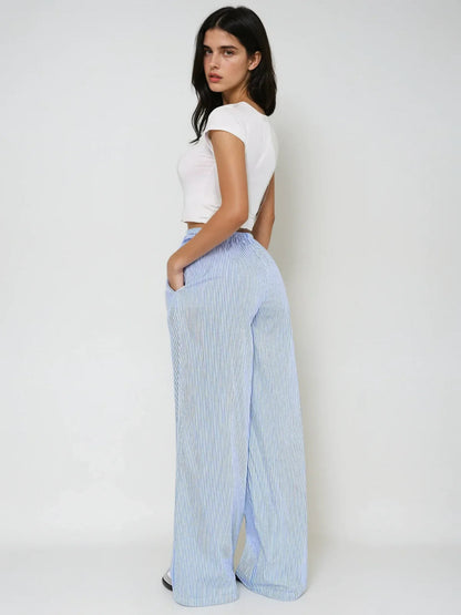Wide-Leg Striped Pants with Elastic Waist