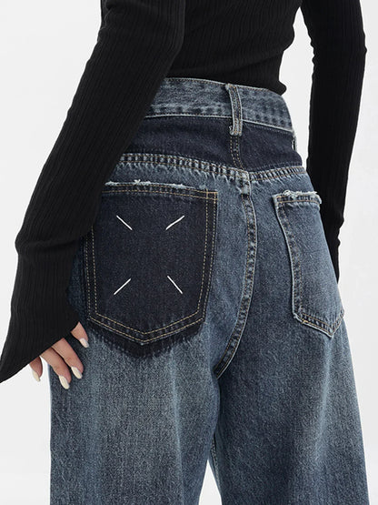 Wide-Leg Boyfriend Jeans with Patchwork Pockets