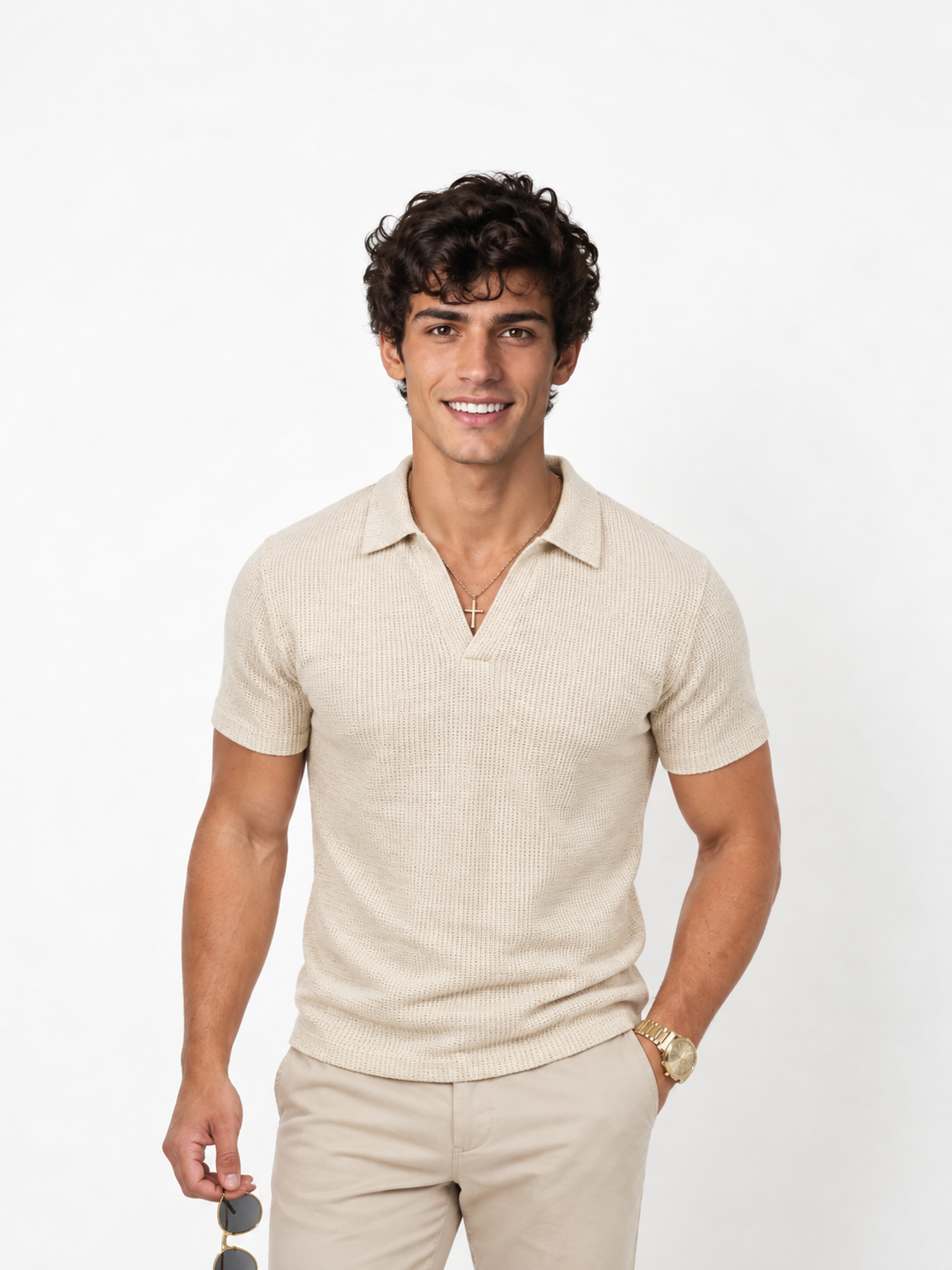 Polo in maglia a nido d'ape con scollo a V