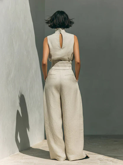 FLOR | CONJUNTO MINIMALISTA DE TOP SIN MANGAS Y PANTALÓN DE PIERNA ANCHA EN ALGODÓN Y LINO