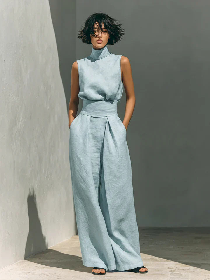 FLOR | CONJUNTO MINIMALISTA DE TOP SIN MANGAS Y PANTALÓN DE PIERNA ANCHA EN ALGODÓN Y LINO