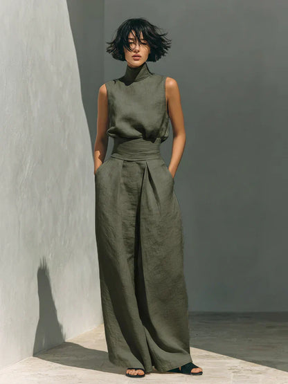 FLOR | CONJUNTO MINIMALISTA DE TOP SIN MANGAS Y PANTALÓN DE PIERNA ANCHA EN ALGODÓN Y LINO
