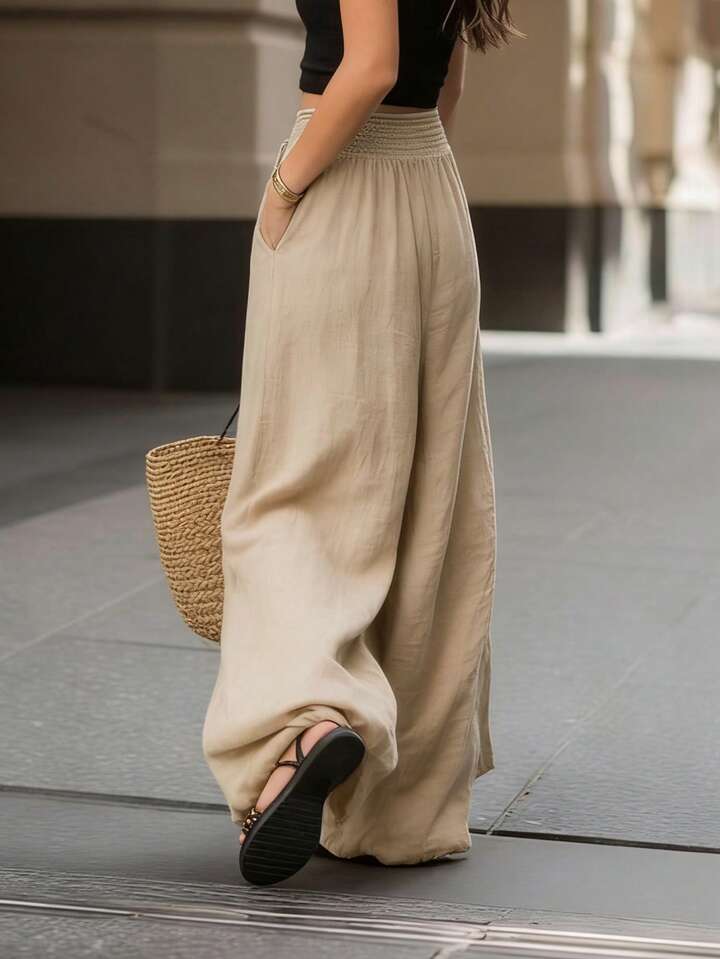 Wide-Leg Elastic Waist Trousers