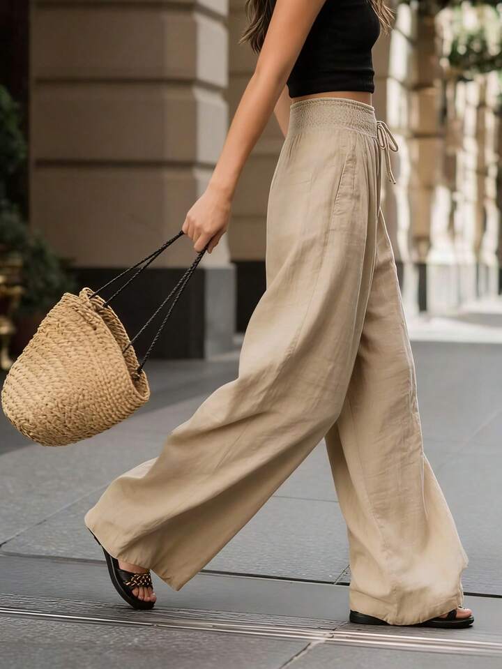 Wide-Leg Elastic Waist Trousers