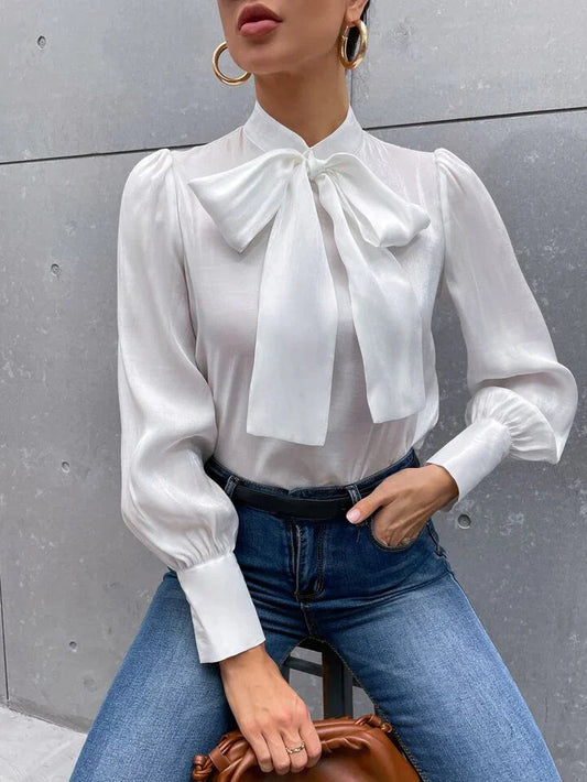 Blusa Satinada de Estilo Francés con Lazo y Mangas Abullonadas