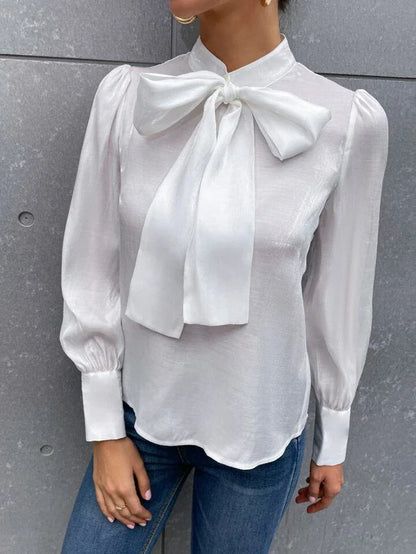 Blusa Satinada de Estilo Francés con Lazo y Mangas Abullonadas