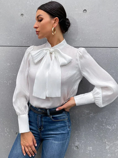 Blusa Satinada de Estilo Francés con Lazo y Mangas Abullonadas