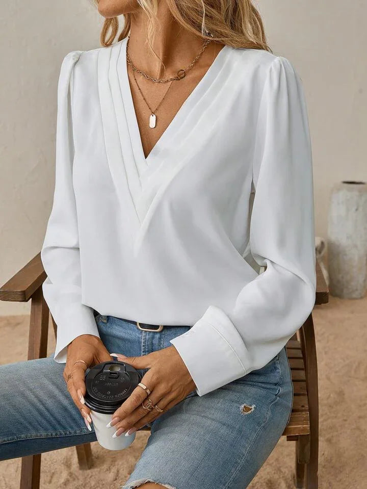 Long-Sleeve V-Neck Solid Blouse