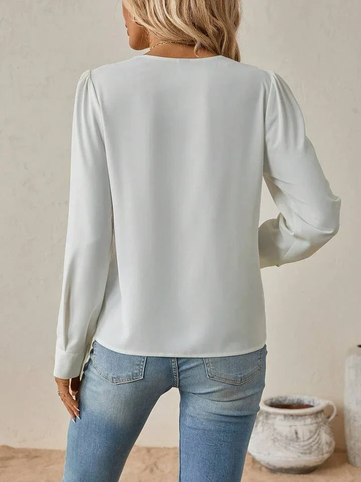 Long-Sleeve V-Neck Solid Blouse