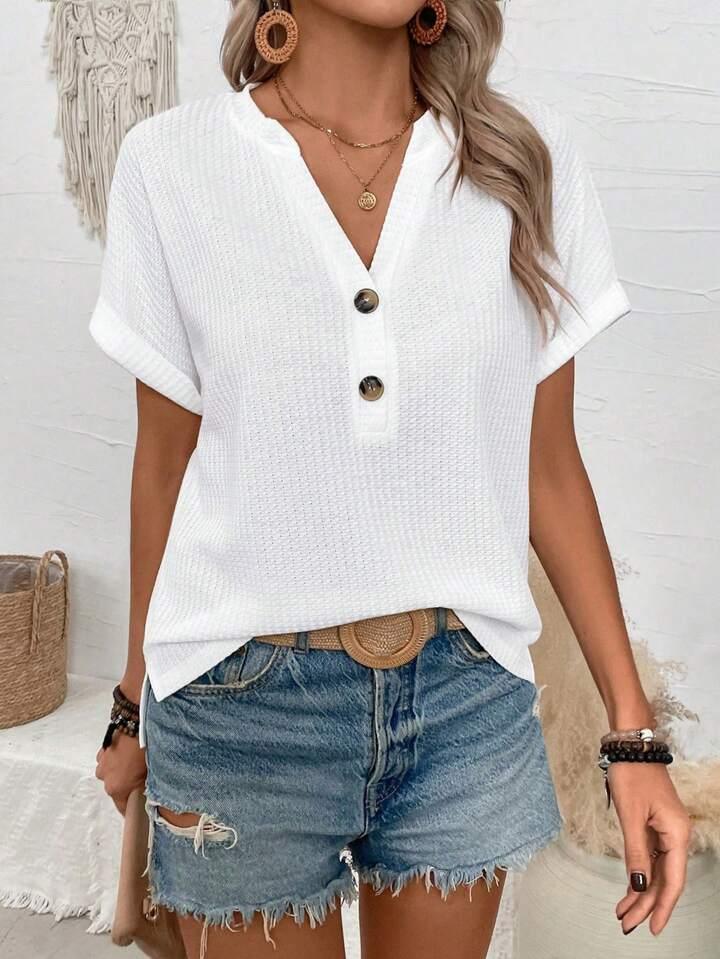 Button-Up V-Neck Batwing Top