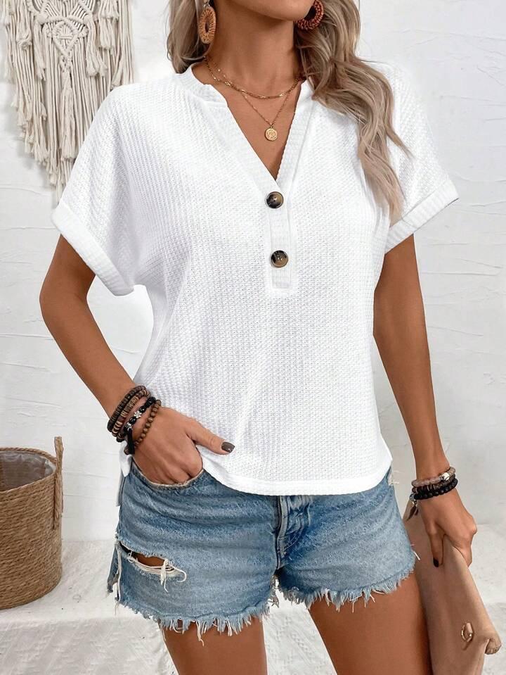 Button-Up V-Neck Batwing Top