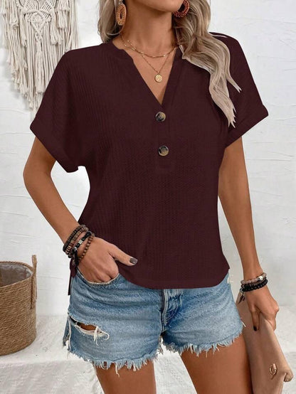 Button-Up V-Neck Batwing Top