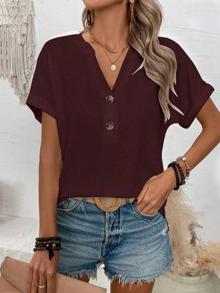 Button-Up V-Neck Batwing Top