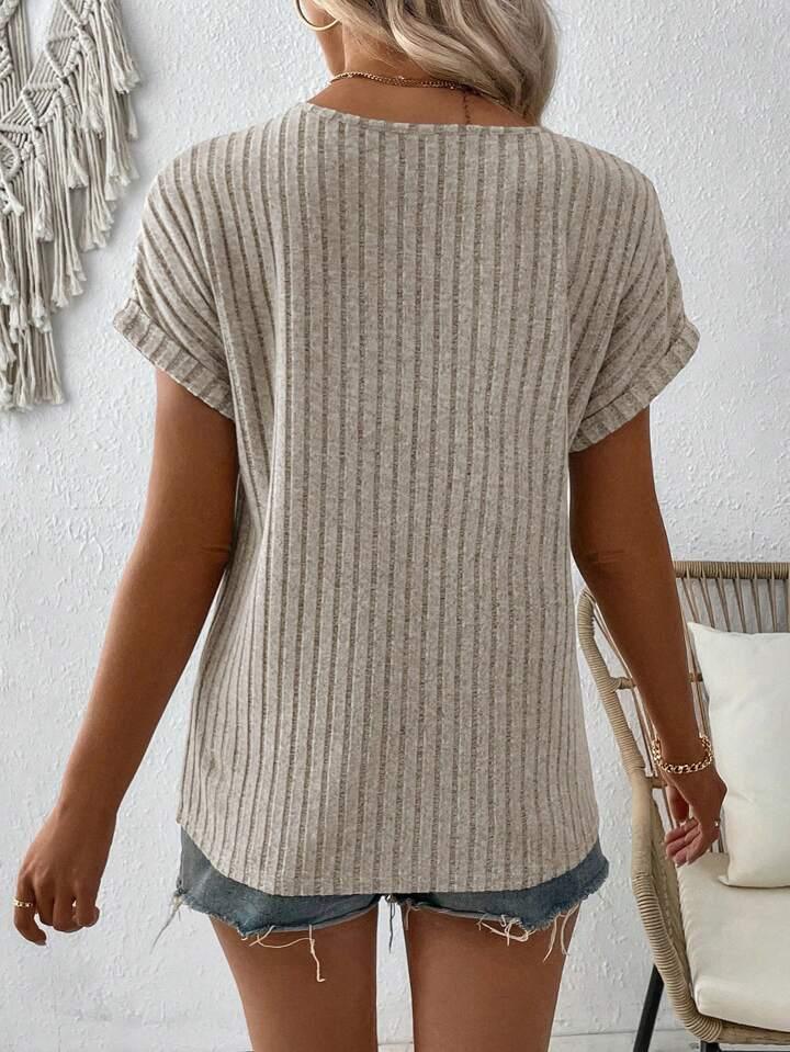 V-Neck Wool-Blend Button-Up Knit Top