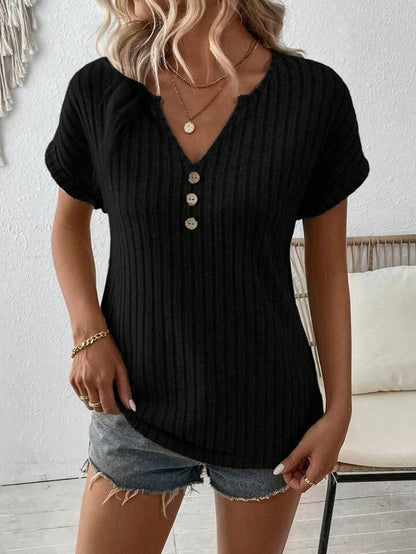 V-Neck Wool-Blend Button-Up Knit Top
