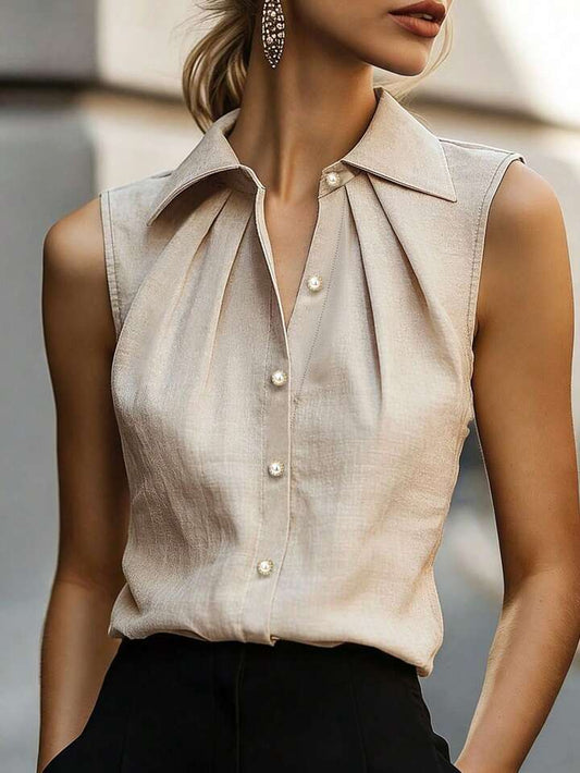 Blusa sin Mangas con Botones y Cuello Plisado