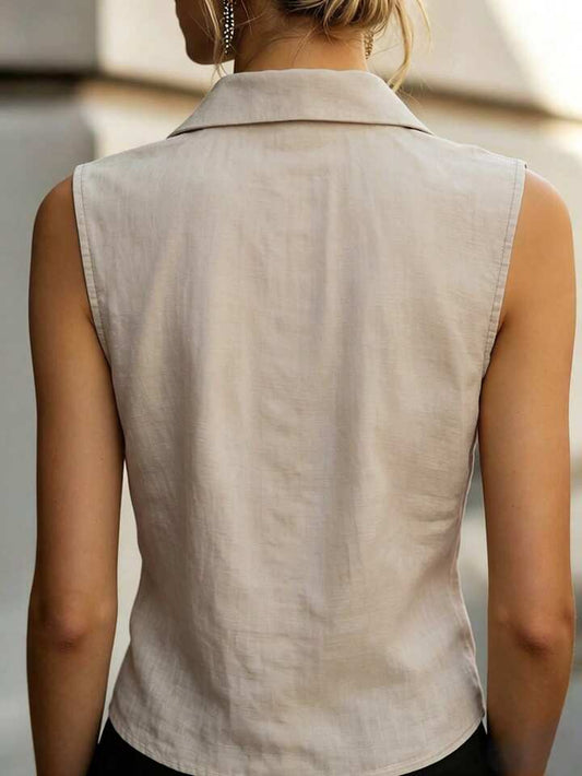 Blusa sin Mangas con Botones y Cuello Plisado