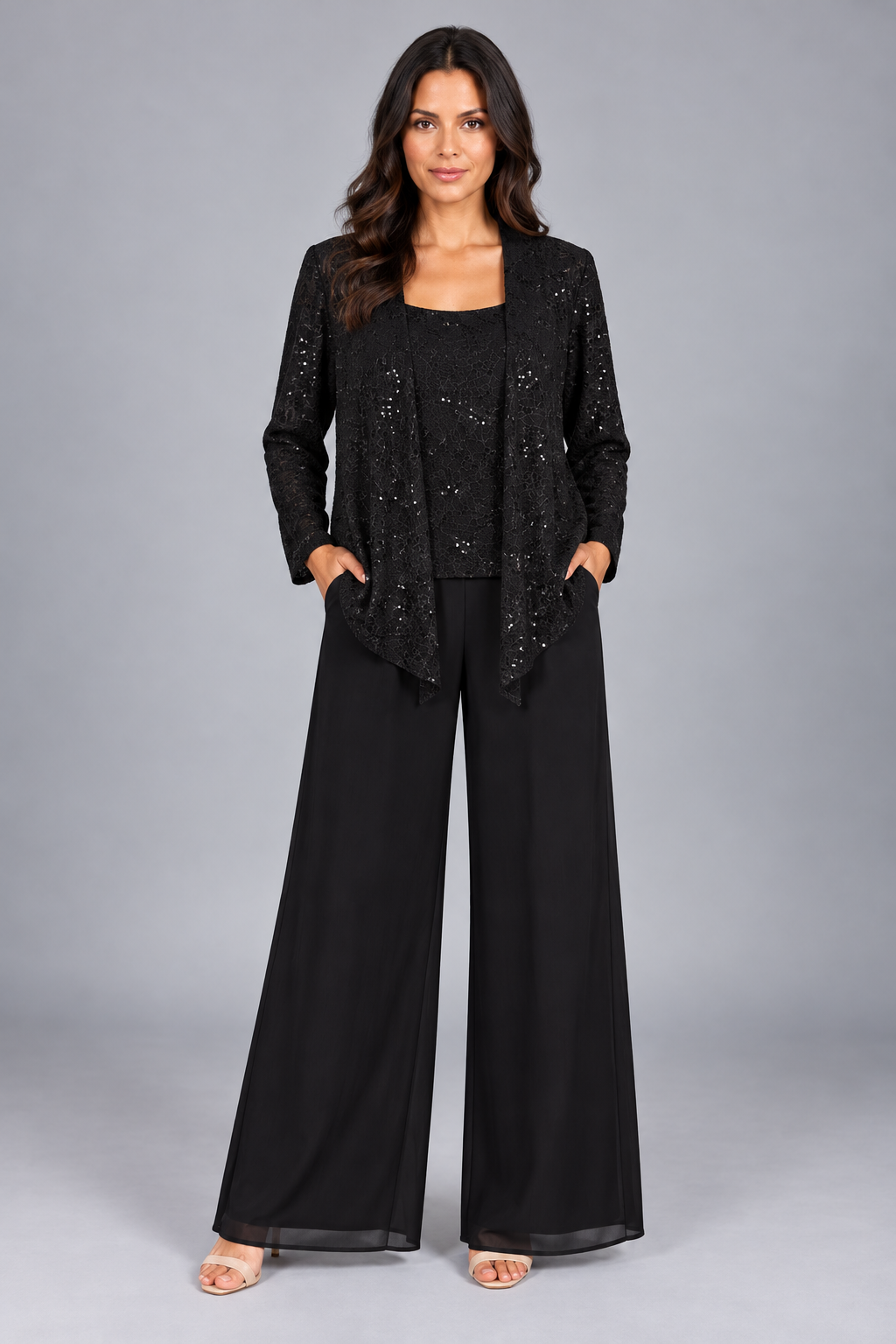Zelinda | Conjunto de Tres Piezas con Chaqueta de Lentejuelas y Pantalón Ancho