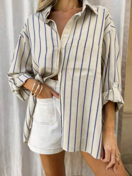 Camisa Oversize de Rayas Crema y Azul