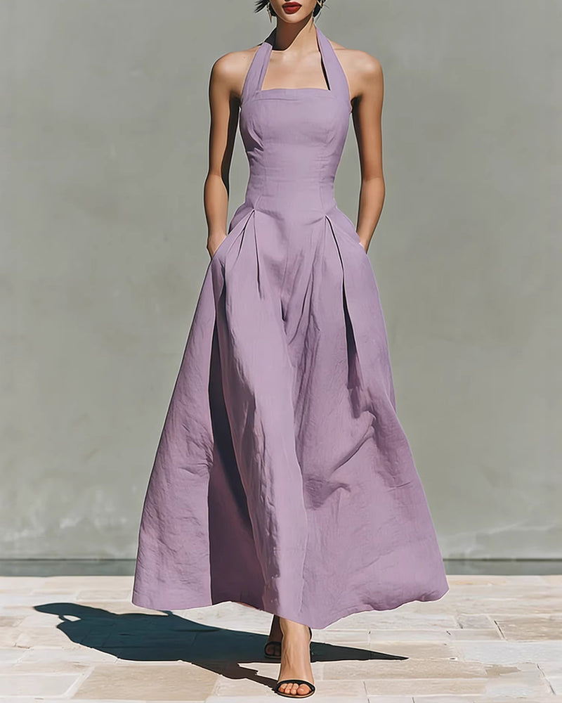 Colette | Vestido de Algodón y Lino con Cuello Halter, Estilo Retro