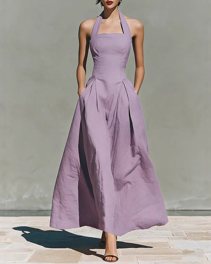 Colette | Vestido de Algodón y Lino con Cuello Halter, Estilo Retro