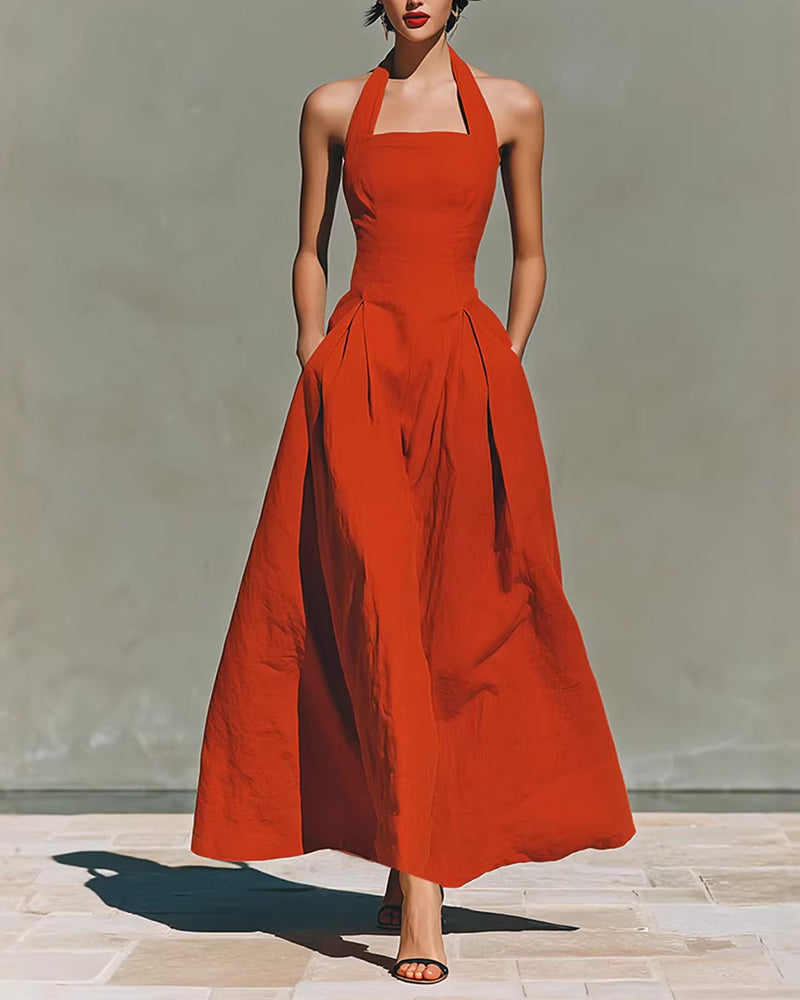 Colette | Vestido de Algodón y Lino con Cuello Halter, Estilo Retro