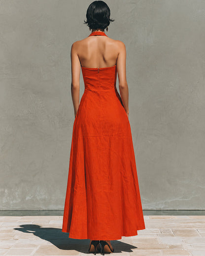Colette | Vestido de Algodón y Lino con Cuello Halter, Estilo Retro