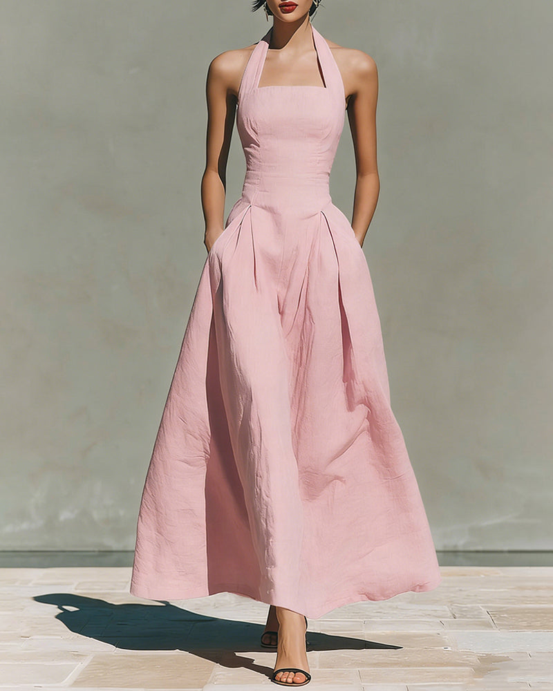 Colette | Vestido de Algodón y Lino con Cuello Halter, Estilo Retro