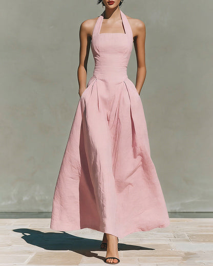 Colette | Vestido de Algodón y Lino con Cuello Halter, Estilo Retro