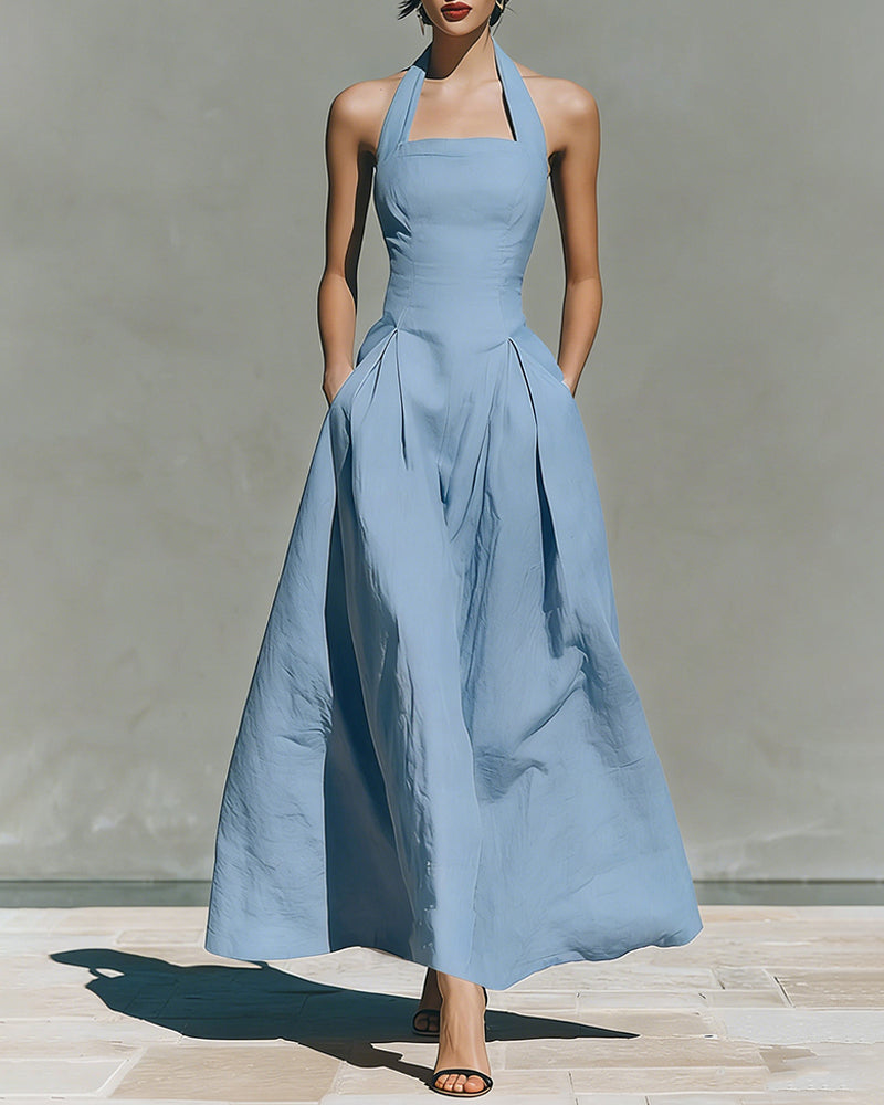Colette | Vestido de Algodón y Lino con Cuello Halter, Estilo Retro