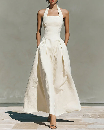 Colette | Vestido de Algodón y Lino con Cuello Halter, Estilo Retro