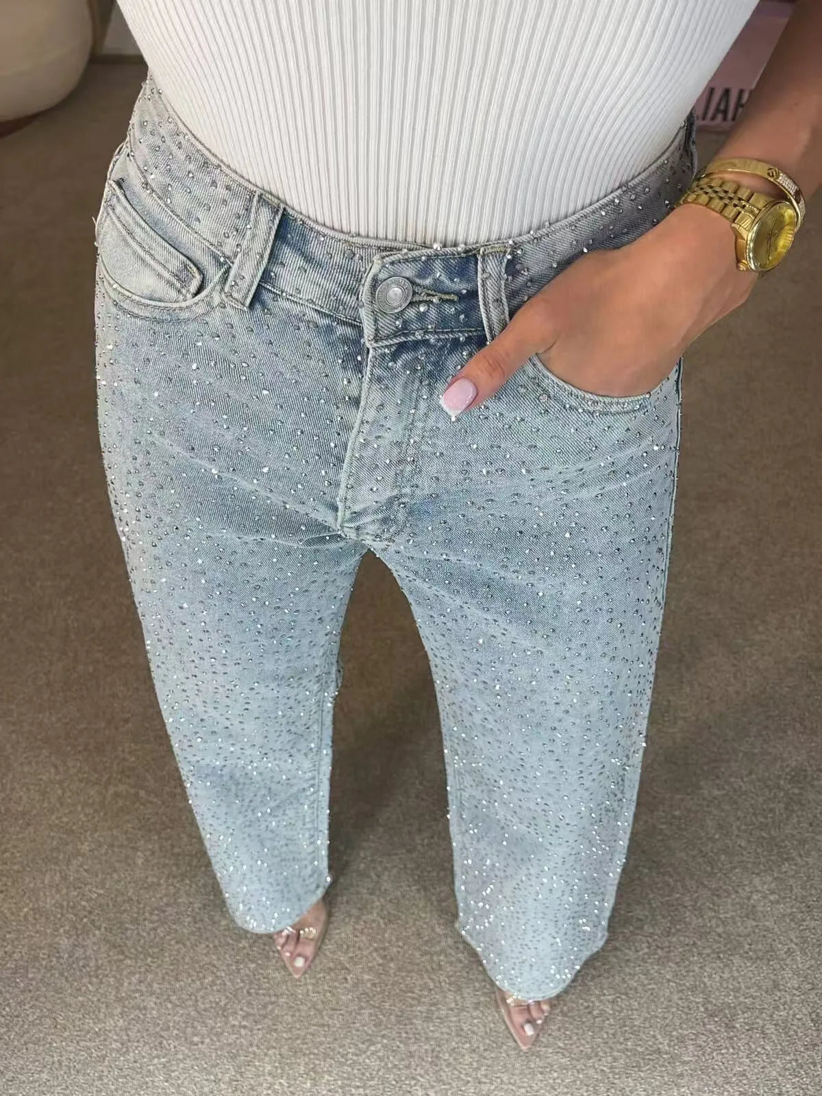 ELENA | JEANS DENIM CON STRASS