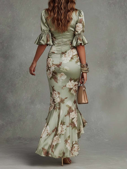 Asymmetrical Satin Maxi Dress with Bell Sleeves