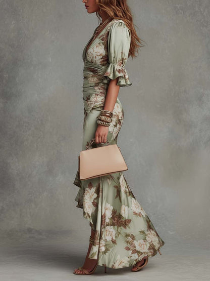 Asymmetrical Satin Maxi Dress with Bell Sleeves