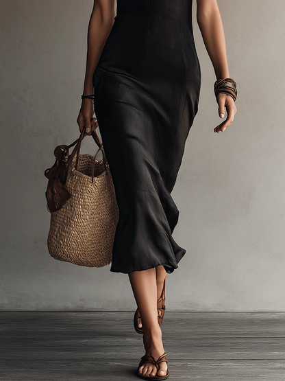 Vestido Midi Negro sin Mangas con Escote en V y Encaje