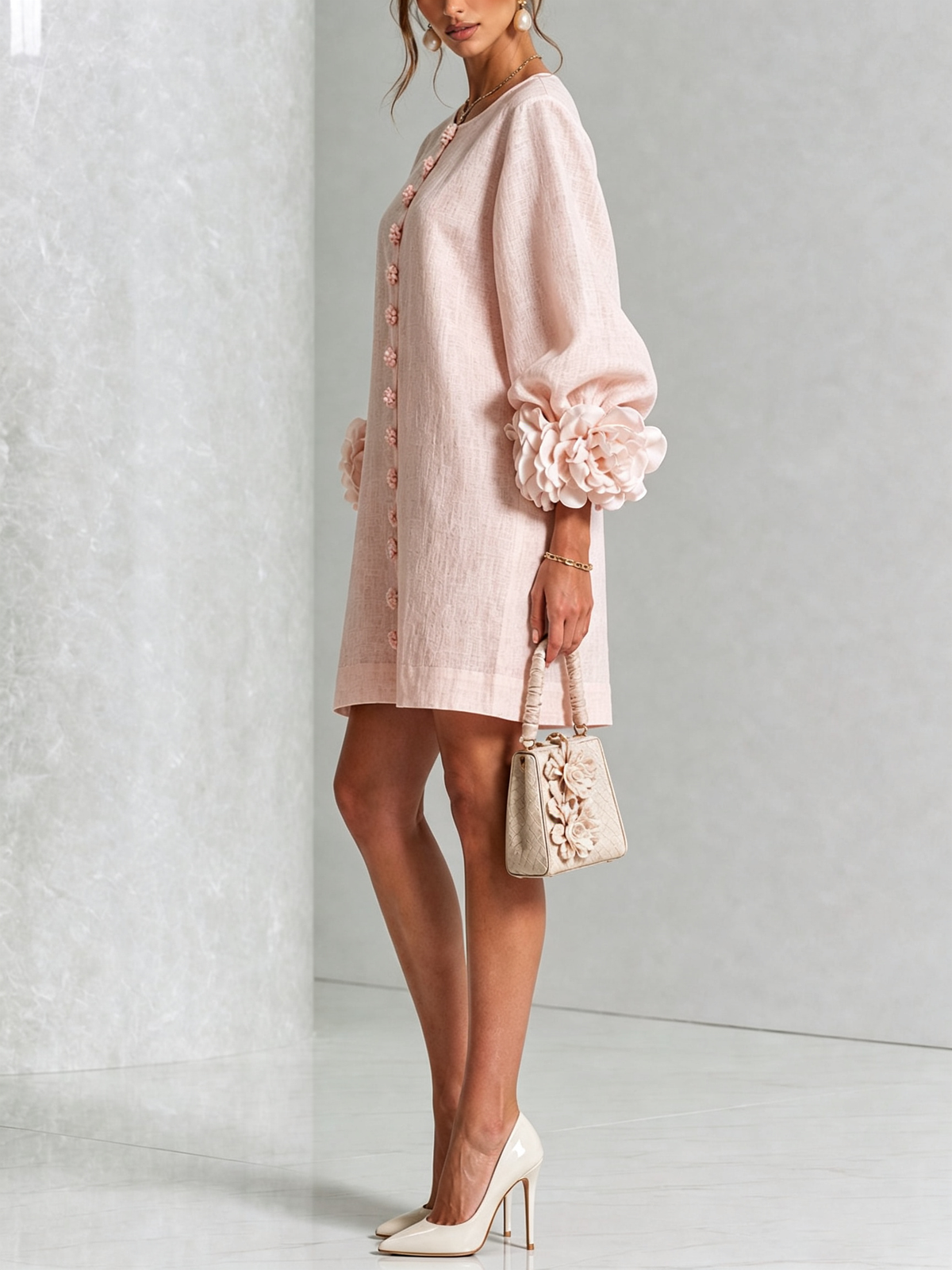 Mini Vestido Floral Blanco con Botones y Mangas Floreadas