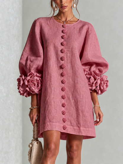 Mini Vestido Floral Blanco con Botones y Mangas Floreadas